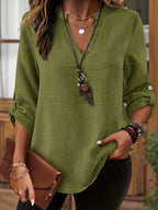 Camisa de Imitação de Denim Cinza Claro Plus Size Feminina - Blusa Elegante Casual de Manga Longa e Gola Redonda, Lavável à Máquina para Primavera/Verão, Design Minimalista, Textura Semelhante a Linho, Tecido Não Transparente, Combinável com Leggings, Material Respirável, Estilosa