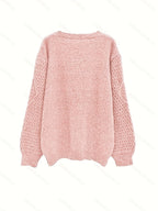 Suéter Casual Oversized Feminino Outono Inverno 2024 - Rosa Suave com Gola Redonda e Manga Longa Design Abajur, Ajuste Confortável para Tamanhos Grandes, Lavagem Manual, Estampa Texturizada, Tecido de Fio de Qualidade