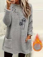 Camisola de Manga Comprida para Mulher com Forro de Lã Aconchegante e Estampado de Dente-de-Leão - Suave, Elástica e Casual para o Outono/Inverno, Laranja, Gola Redonda, Corte Normal, Roupa Casual|Top com Estampado de Dente-de-Leão|Tecido Elástico, Camisola e Camisola de Malha para Mulher, Camisola de Mulher, Camisolas de Mulher, Camisolas de Mulher Outono, roupa mulher inverno, camisolas mulher outono, camisola mulher outono