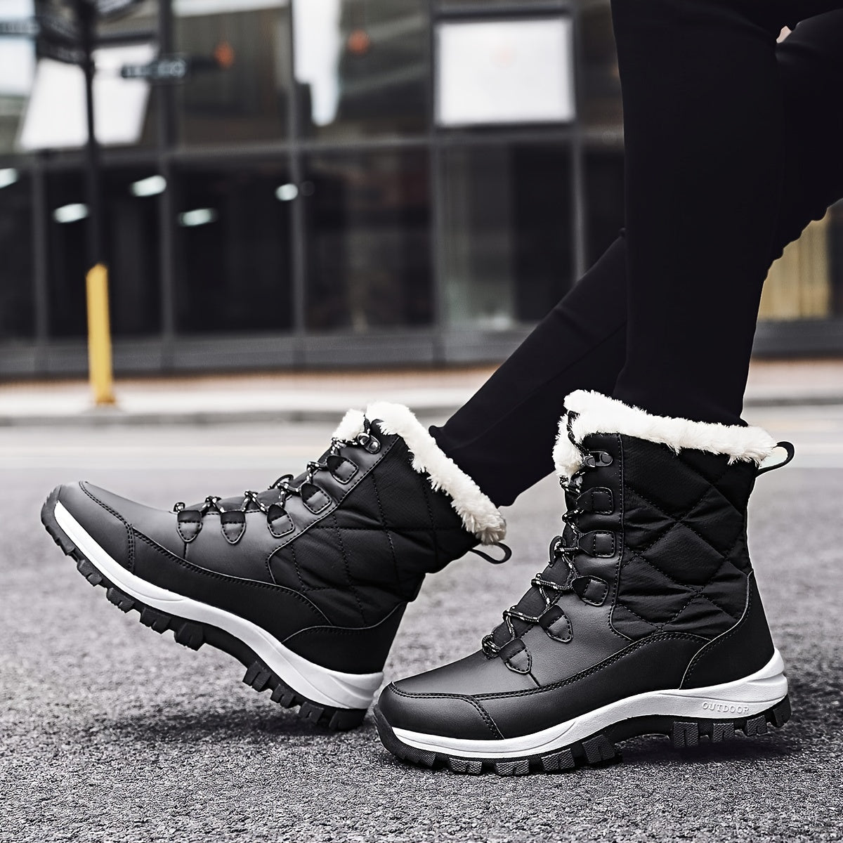 Botas de Neve de Cano Alto para Mulheres, Cor Sólida, Bico Redondo, Forro de Pelúcia Quente, Sola de Borracha Antiderrapante, Palmilha de Tecido Durável, Parte Superior Sintética - Calçado Casual para Exteriores, Botas de Inverno