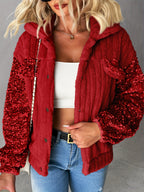 CHICME Casaco de Pelúcia Feminino em Imitação de Pele com Detalhes de Lantejoulas - Elegante Casaco de Manga Comprida com Gola de Lapela e Várias Cores, Roupa de Exterior de Inverno Lavável à Máquina para Outono/Inverno