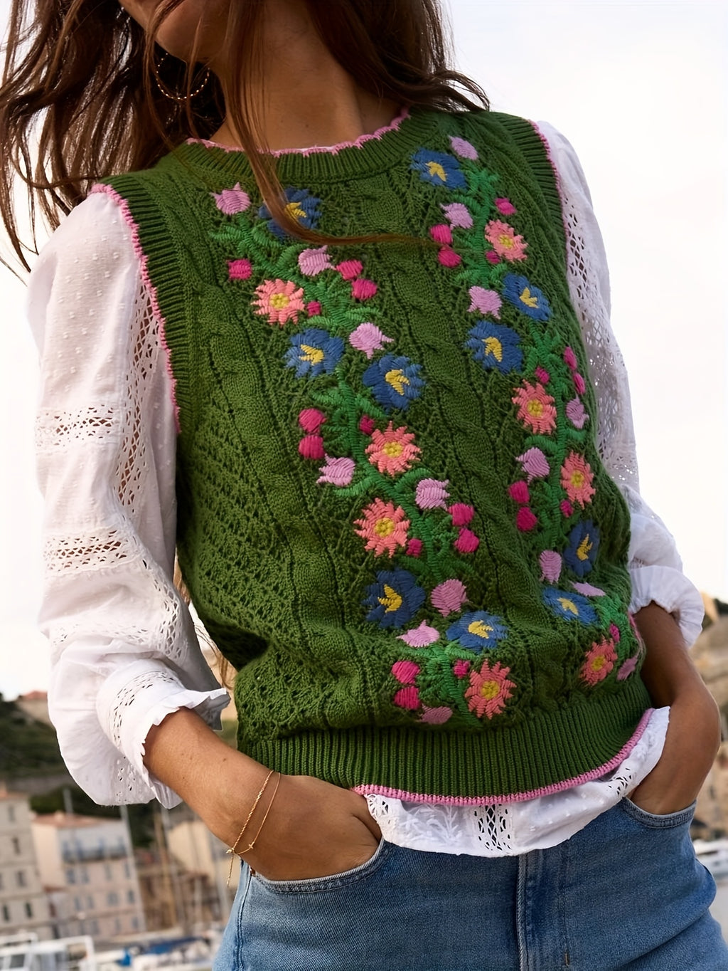 Suéter Feminino Floral - Colete de Malha Elástico, Sem Mangas para Eventos Casuais e Formais, Lavável na Máquina (Verde com Detalhes em Rosa/Azul/Roxo) - Suéter Elegante para Todas as Estações, Blusas Fofas