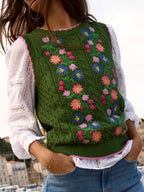 Suéter Feminino Floral - Colete de Malha Elástico, Sem Mangas para Eventos Casuais e Formais, Lavável na Máquina (Verde com Detalhes em Rosa/Azul/Roxo) - Suéter Elegante para Todas as Estações, Blusas Fofas