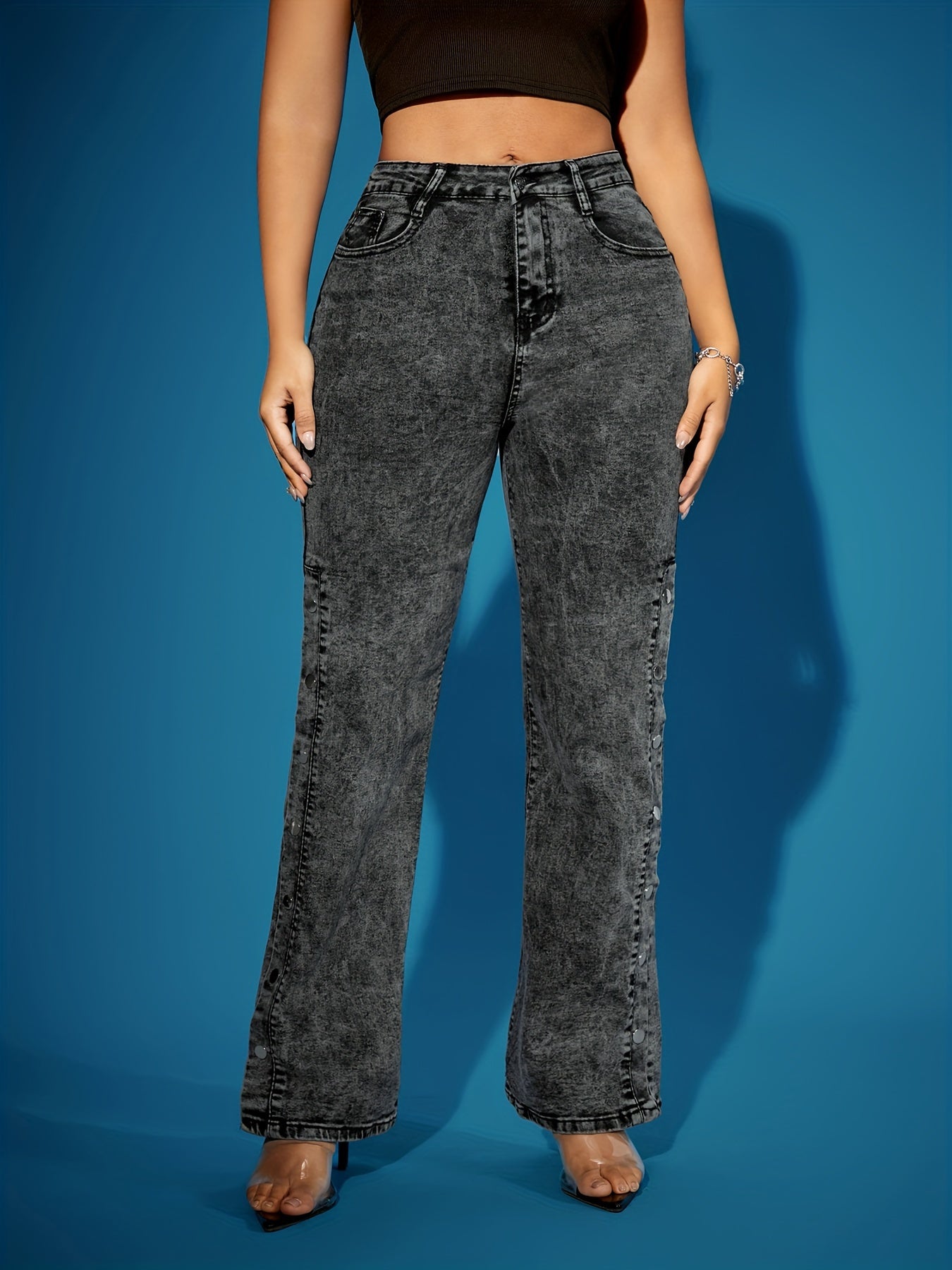 Calças Jeans Retrô Femininas de Perna Reta com Botões