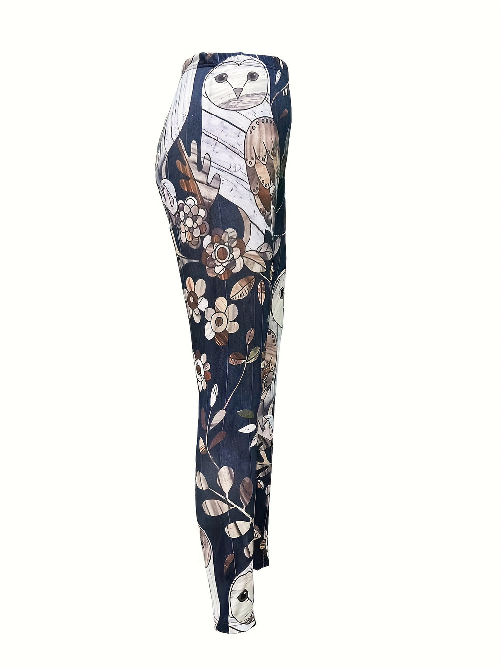 Meia-calça de Base com Estampa de Coruja e Folha - Meia Opaca com Padrão Animal, Lavável à Máquina, Uso Casual para Primavera, Verão e Outono, Ideal para Saias, Vestidos e Looks (Não)