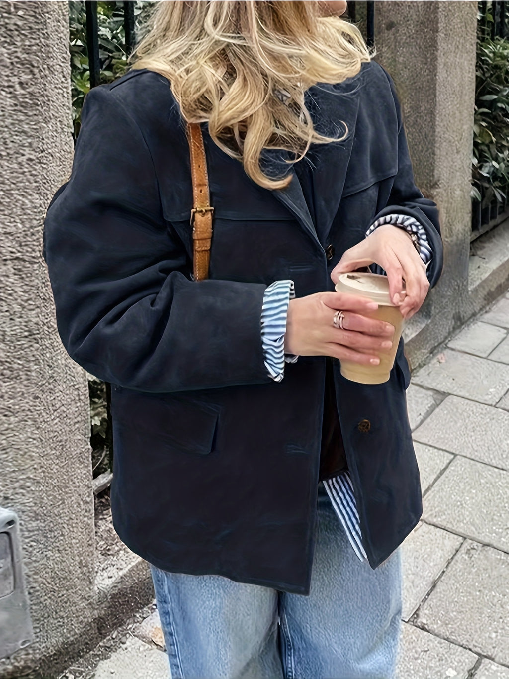 Conjunto Novo Retrô Solto com Lapela e Bolso em Cor Sólida para Mulheres Outono-Inverno