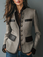 Casaco Casual Elegante Vintage Feminino PU Patchwork Estiloso Gola Alta Abotoadura Simples
