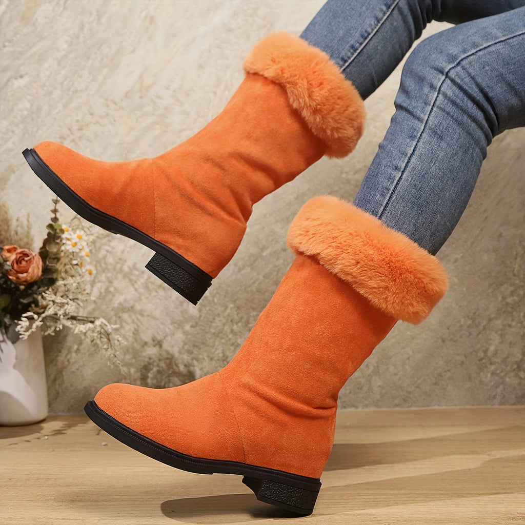 Botas Clássicas de Pelúcia para Mulher | Toque Suave, Conforto Quente de Inverno, Slip-on, Salto com Plataforma, Altura de Salto Médio