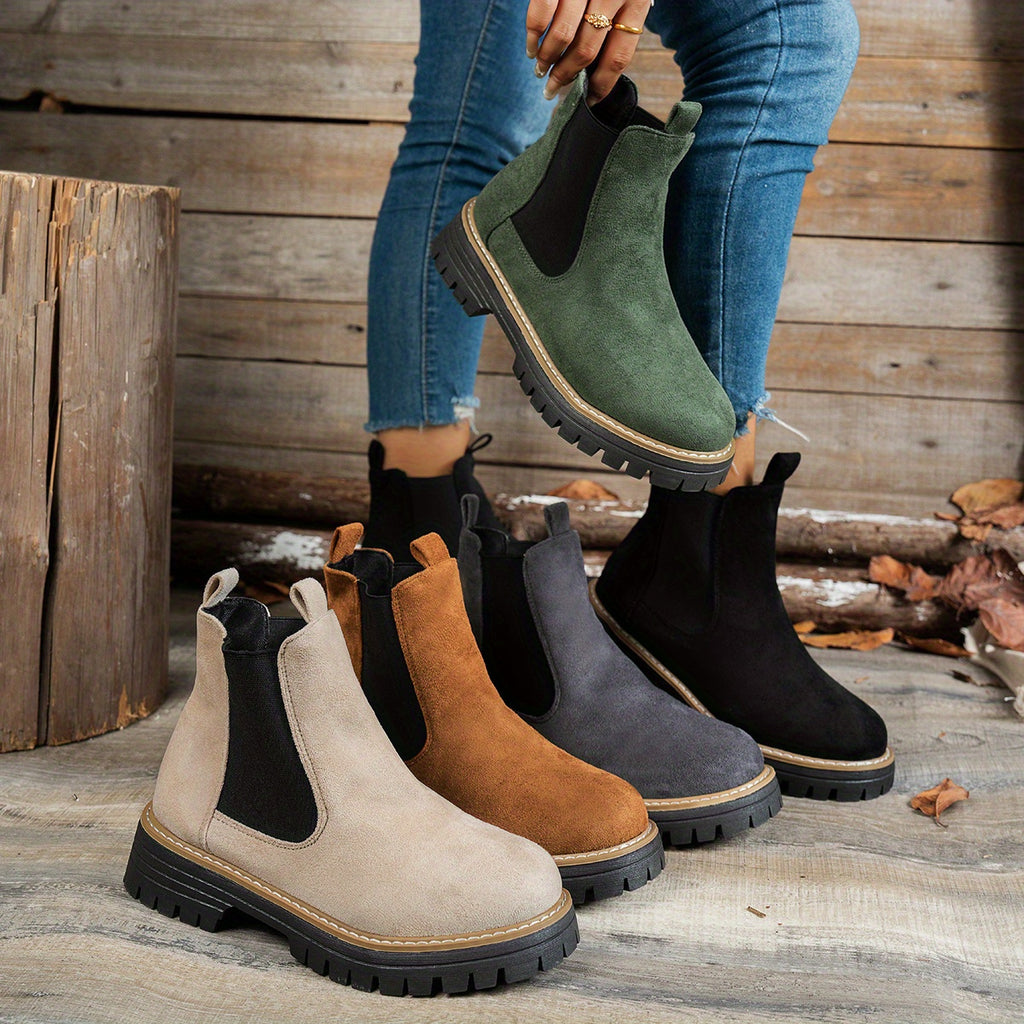 Botins de Salto Alto com Plataforma Grossa para Mulher com Salto de Plataforma Espessa - Sola Antiderrapante, Biqueira Redonda e Forro, Botas Casuais para Todas as Estações em Castanho, Versátil para Jeans e Vestidos, Botas Grossas, Botas Elegantes, Moda Mulher