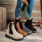 Botins de Salto Alto com Plataforma Grossa para Mulher com Salto de Plataforma Espessa - Sola Antiderrapante, Biqueira Redonda e Forro, Botas Casuais para Todas as Estações em Castanho, Versátil para Jeans e Vestidos, Botas Grossas, Botas Elegantes, Moda Mulher