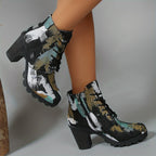 Botas de Tecido Estilo Desgastado para Mulheres com Salto Médio Robusto, Zíper Lateral & Bico Redondo - Botas Tornozelo Versáteis do Casual ao Formal, Disponíveis em Largura Ampliada