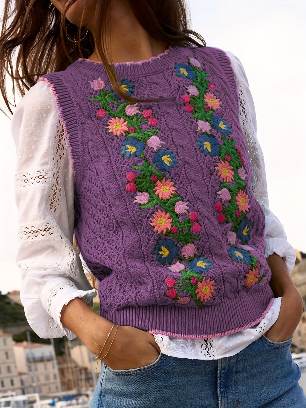 Suéter Feminino Floral - Colete de Malha Elástico, Sem Mangas para Eventos Casuais e Formais, Lavável na Máquina (Verde com Detalhes em Rosa/Azul/Roxo) - Suéter Elegante para Todas as Estações, Blusas Fofas