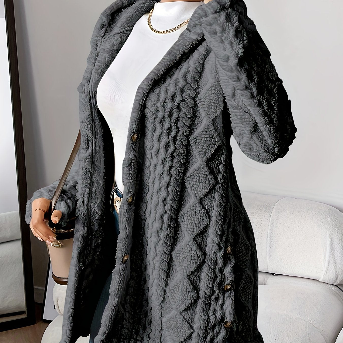 Chic Hooded Jacquard Plush Cardigan for Fall-Winter