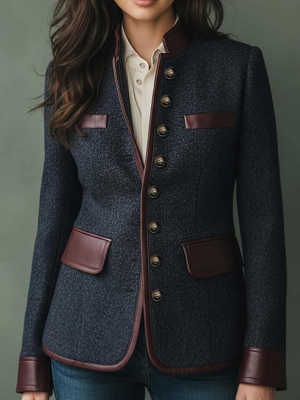 Casaco Casual Elegante Vintage Feminino PU Patchwork Estiloso Gola Alta Abotoadura Simples