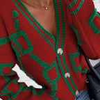 Chic Color Block Knit Cardigan - V-Neck Buttoned Elegance