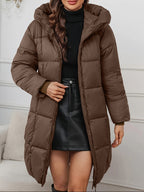 Casaco de Inverno Comprido Elegante com Capuz para Mulher - Casaco Leve com Fecho Completo e Bolsos, Roupa Exterior Quente de Comprimento Médio para Clima Frio, Cor Sólida, Corte Normal, Sem Cinto, Mangas Compridas, Casacos de Inverno