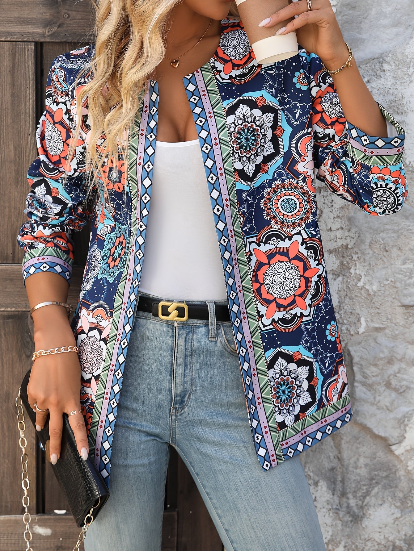 Jaqueta Feminina Elegante Casual com Estampa Floral - Blazer de Outono/Inverno Lavável à Máquina com Gola Redonda e Bolsos, Design Floral Azul Vibrante & Laranja para Looks Casuais e Semi-Formais, Roupa Fácil de Cuidar