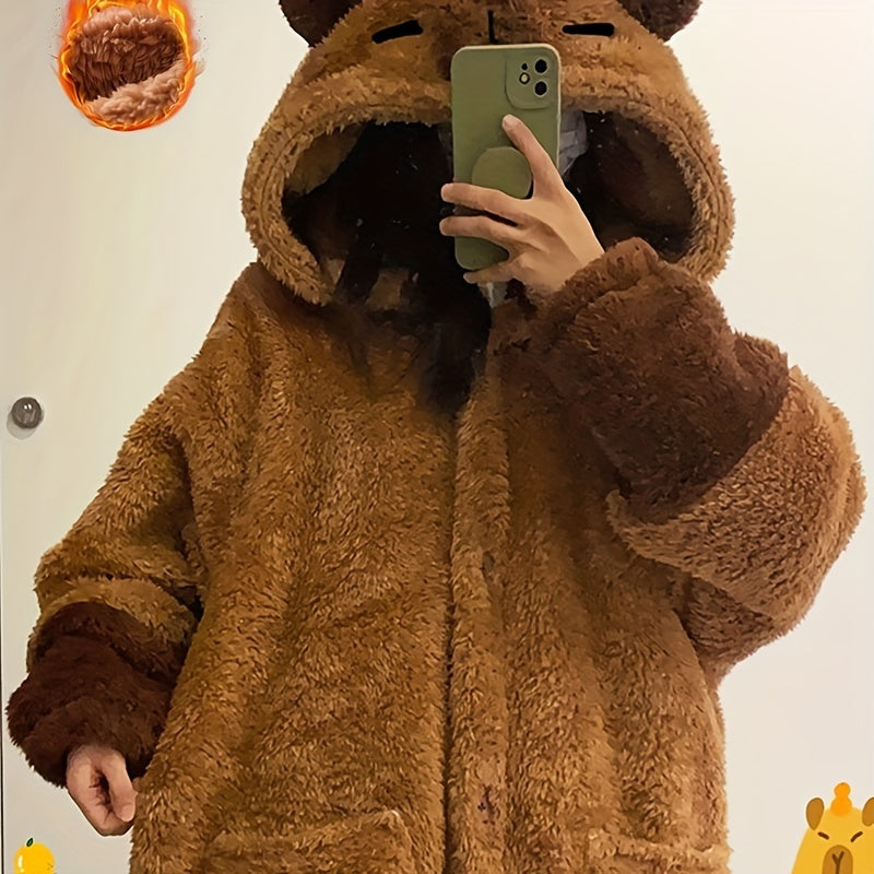 Manta com capuz de capivara em estilo preppy - Tamanho adulto, em poliéster tricotado de fleece coral, com tema de animal, vestido de noite com bolsos e punhos ajustados, lavável à máquina, sem estampado.