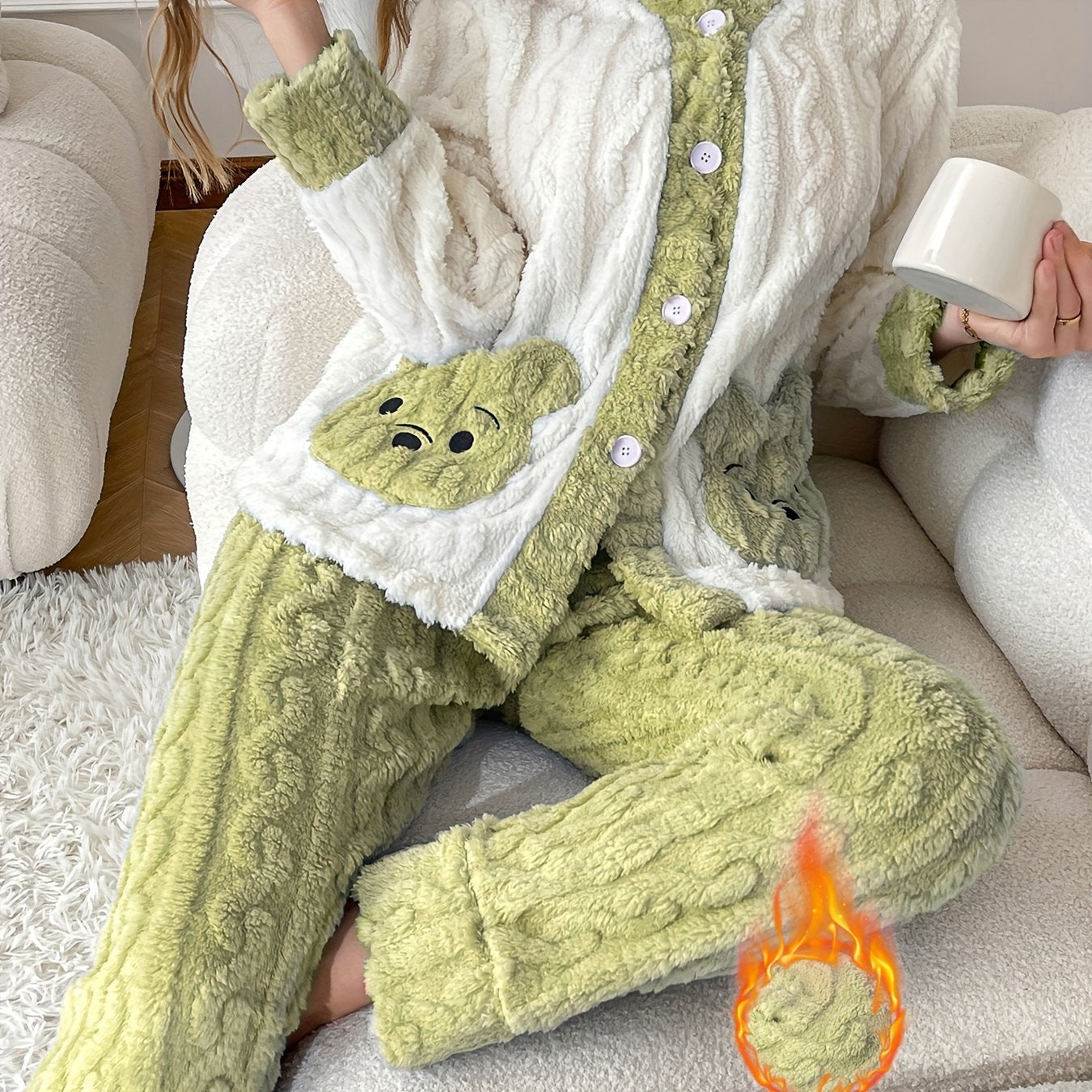 Elegant Kangaroo Pocket Embroidered Pajama Set