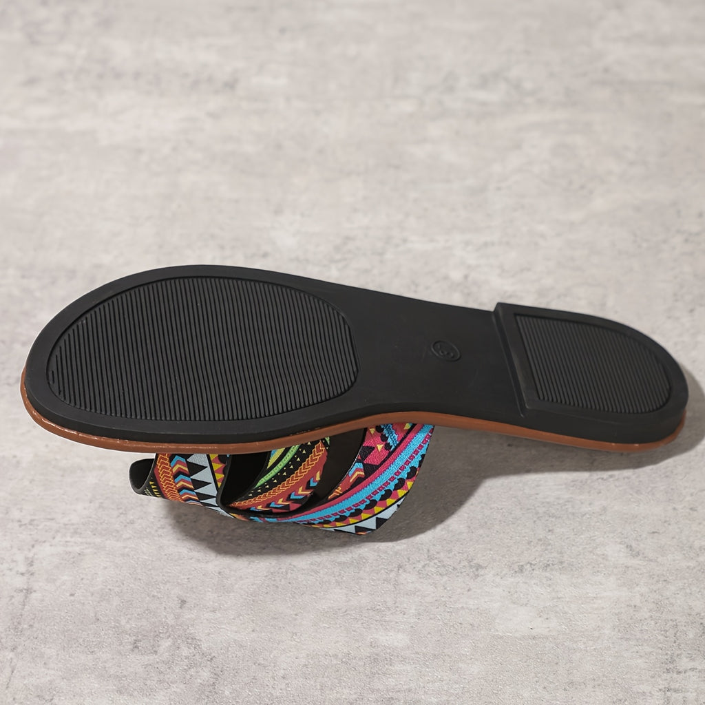 Sandálias de Verão Casuais para Mulheres - Elegantes Chinelos Planos de Dedo Aberto com Padrão Geométrico Vibrante, Cano Marrom e Sola de Borracha Preta, Perfeitas para a Praia ou Vestuário Casual, Calçado de Praia | Sandálias com Padrão Geométrico | Sandálias com Cano de Lona