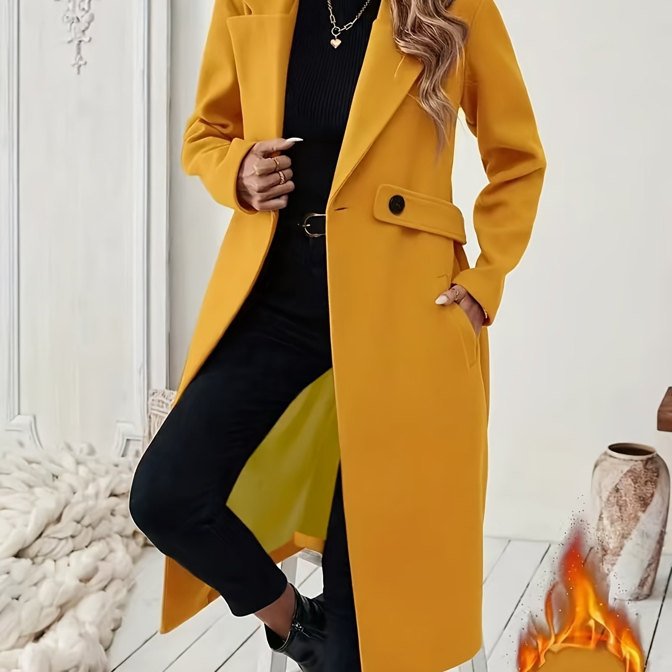 Elegant Women's Long Coat with Belt & Bamboo Details