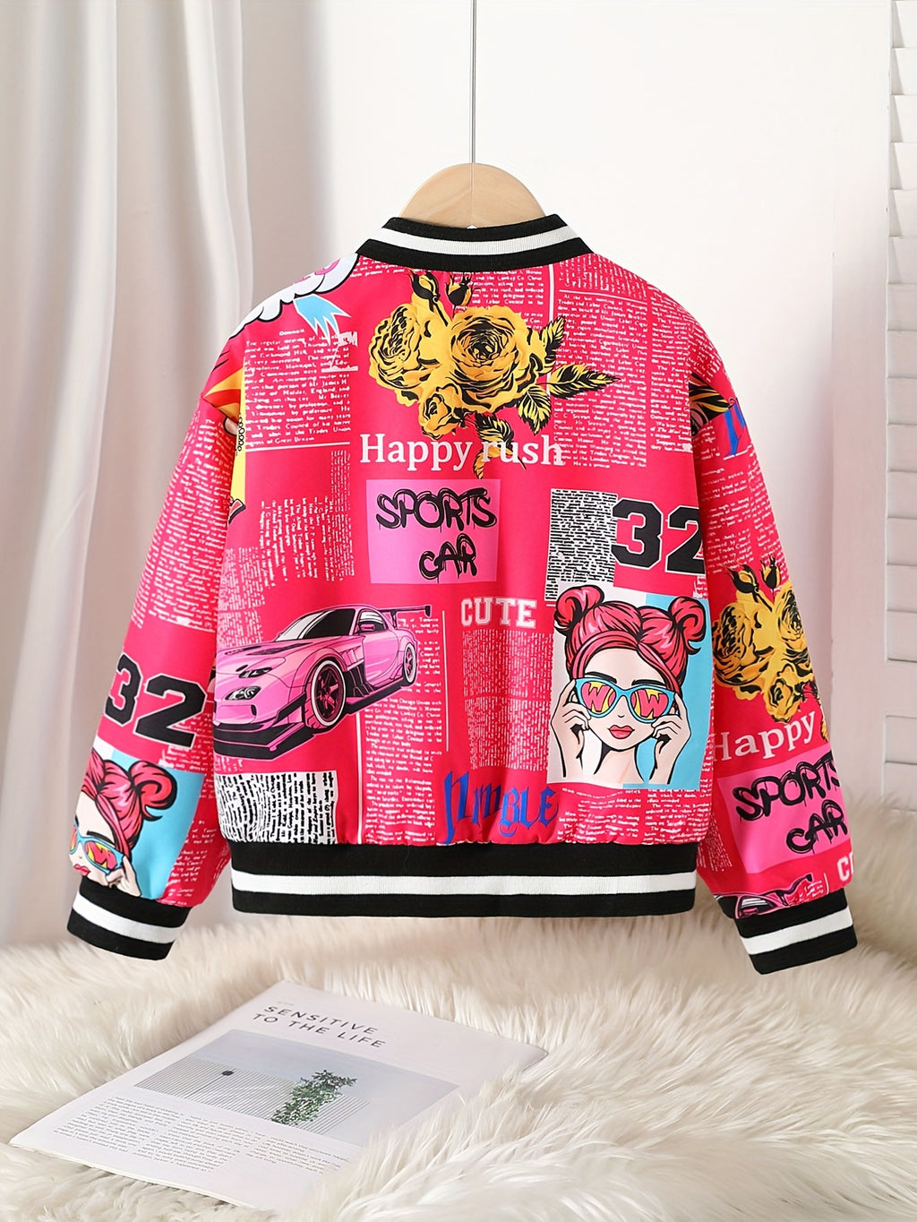 Jaqueta Bomber Aconchegante com Forro de Fleece e Estampa de Pop Art para Meninas - Casaco Casual com Zíper Estilo Baseball para Outono/Inverno, Tamanhos 130-170