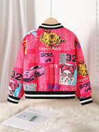 Jaqueta Bomber Aconchegante com Forro de Fleece e Estampa de Pop Art para Meninas - Casaco Casual com Zíper Estilo Baseball para Outono/Inverno, Tamanhos 130-170