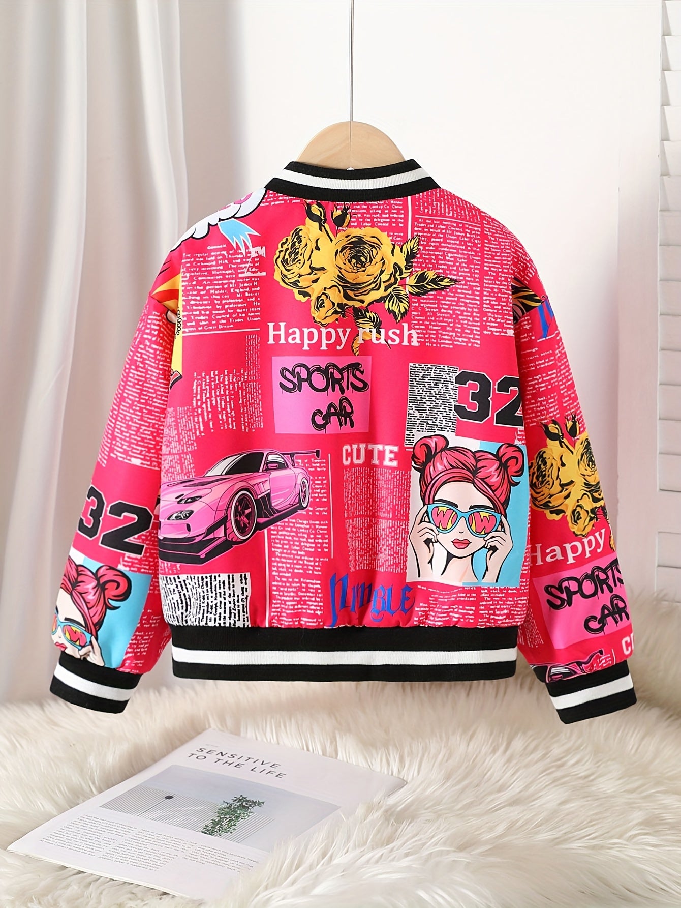 Jaqueta Bomber Aconchegante com Forro de Fleece e Estampa de Pop Art para Meninas - Casaco Casual com Zíper Estilo Baseball para Outono/Inverno, Tamanhos 130-170