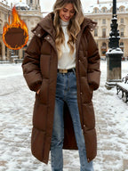 Jaqueta Puffer Feminina com Capuz para o Inverno - Casaco Impermeável com Bolsos, Acolchoado e Quente para Esqui, Snowboard e Passeios ao Ar Livre, Parka de Manga Longa até o Meio da Panturrilha (Lavagem Manual)