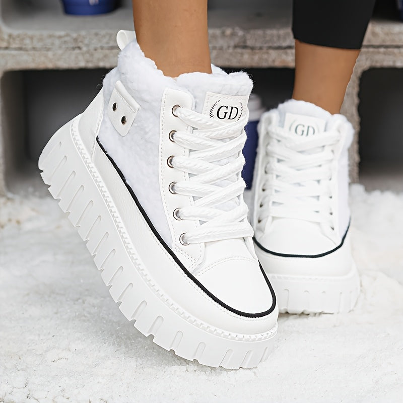 Botas Femininas de Inverno 2025, Cano Alto e Grosso com Forro de Fleece, Sapatos Esportivos Versáteis com Sola Grossa para Clima Frio
