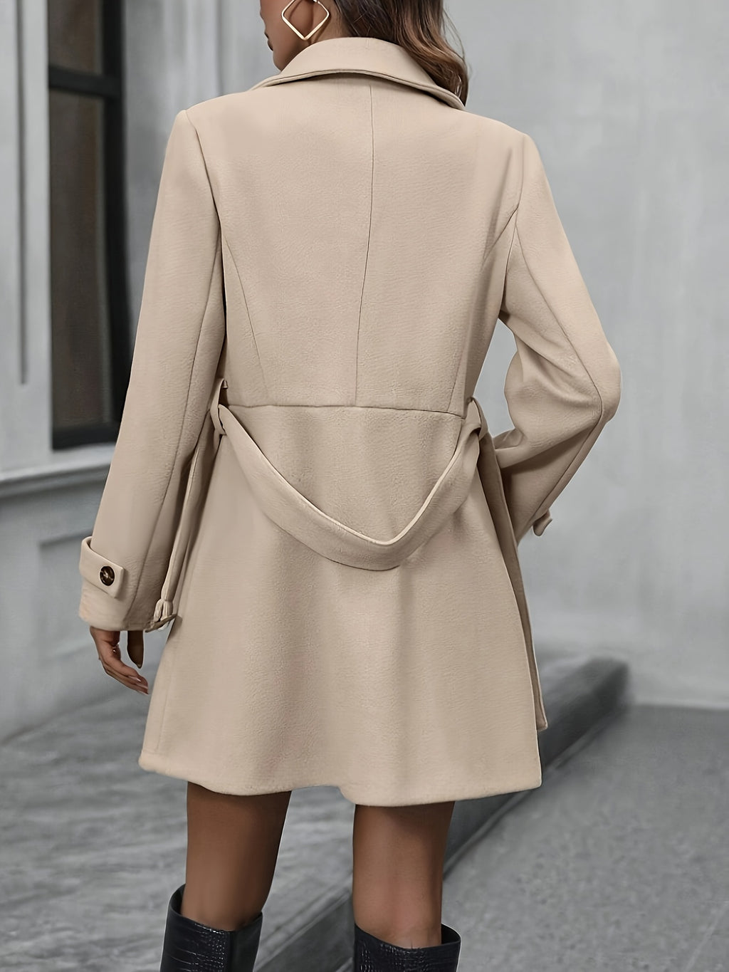 Casaco de tweed elegante de dupla brechada para mulheres - Ajuste fino, comprimento médio, cor sólida, com cinto, estilo casual chic para outono e inverno, versátil para ocasiões casuais ou formais, moda sazonal, design estruturado