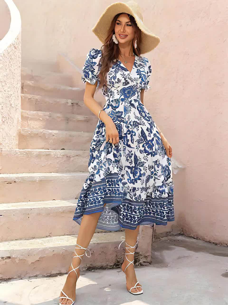 Vestido A-line com decote transpassado estampado floral, Vestido elegante de manga curta para primavera e verão, Vestuário feminino