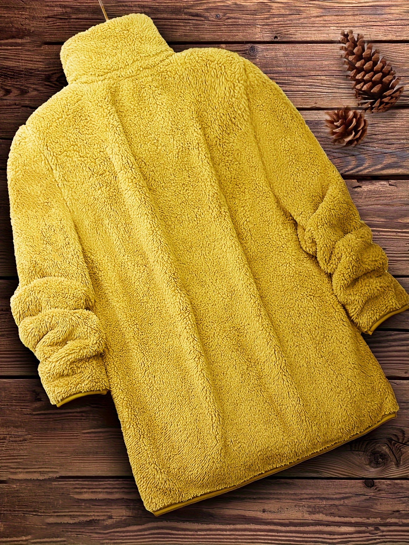 Casaco De Pelúcia Sólido Com Zíper, Agasalhos Casuais De Inverno De Manga Comprida, Roupas Femininas