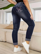 Jeans de Ganga Retos Bordados e Elásticos para Mulher | Estilo Casual, Padrão Geométrico, Para Usar em Todas as Estações