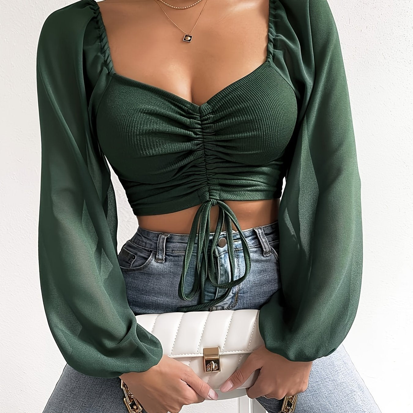 Chic Lantern Sleeve Drawstring Crop Top