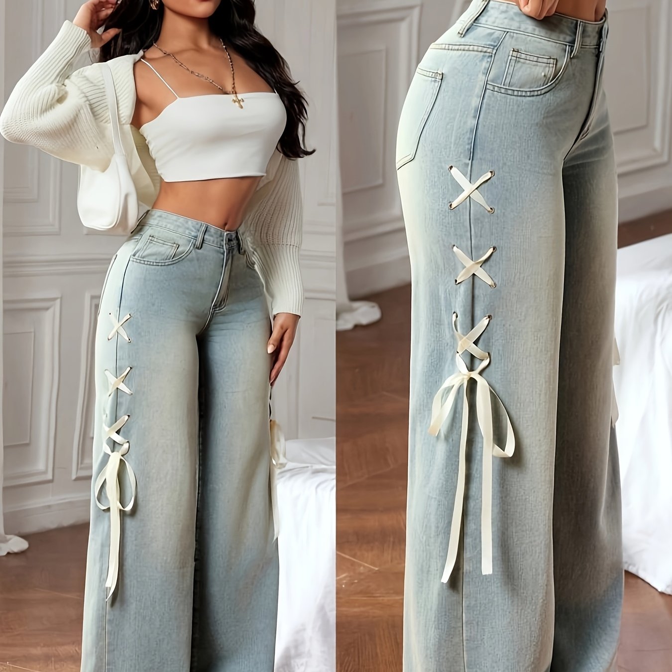 High-Waisted Wide-Leg Jeans with Braided Detail