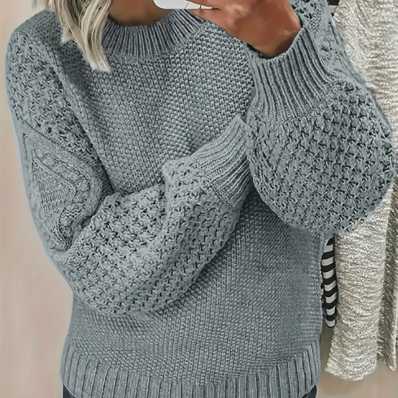 Chic Oversized Knit Sweater for Women - Soft Pink Lantern Sleeves