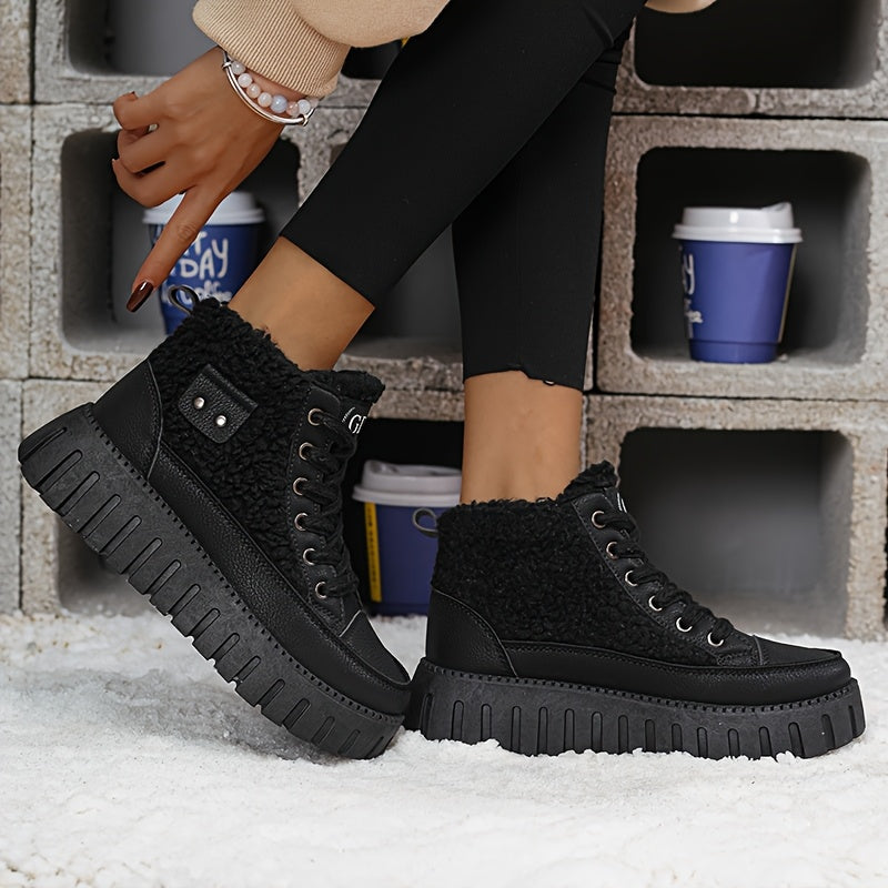 Botas Femininas de Inverno 2025, Cano Alto e Grosso com Forro de Fleece, Sapatos Esportivos Versáteis com Sola Grossa para Clima Frio