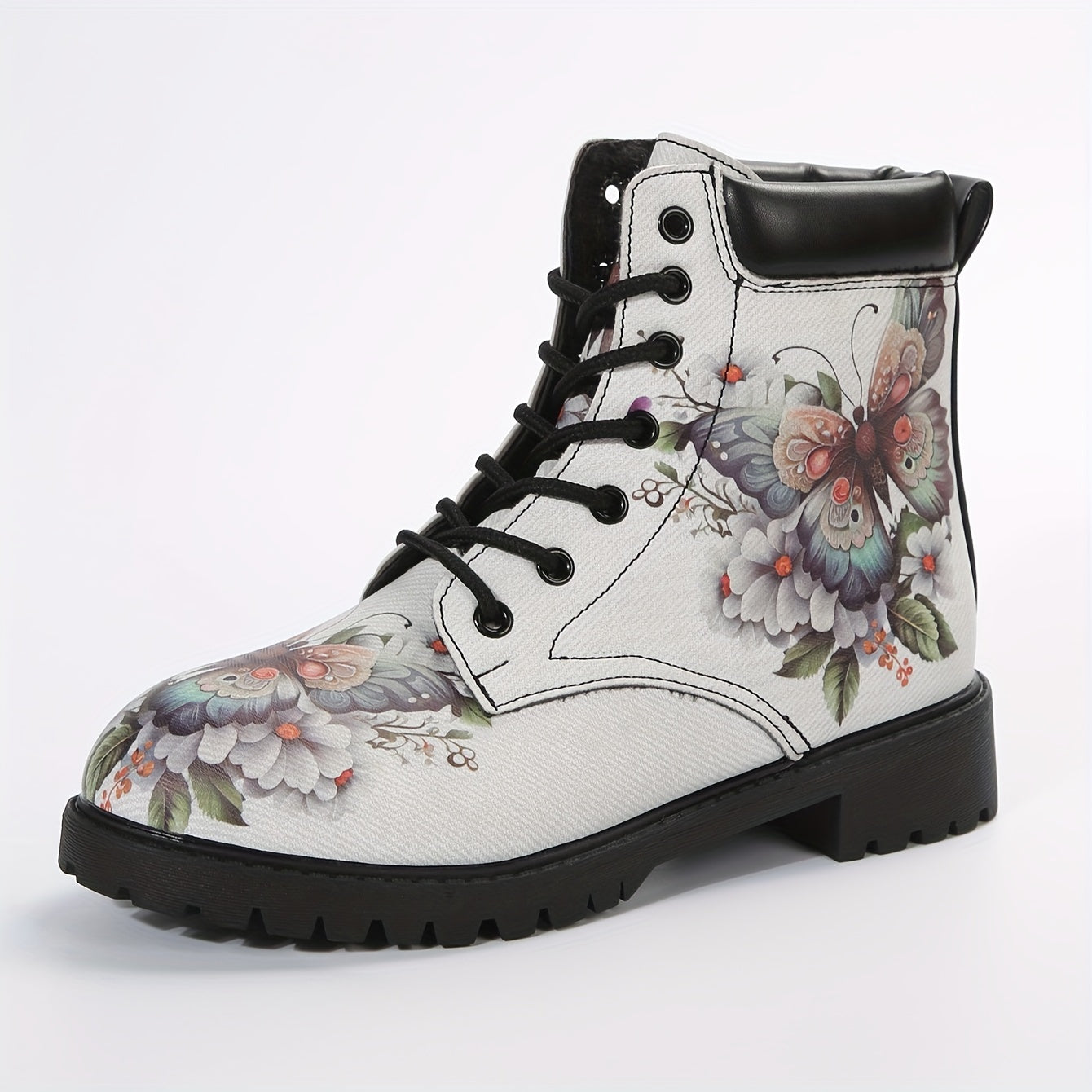 Botas femininas com estampa de borboleta na moda, botas curtas com cadarço, botas confortáveis ​​femininas