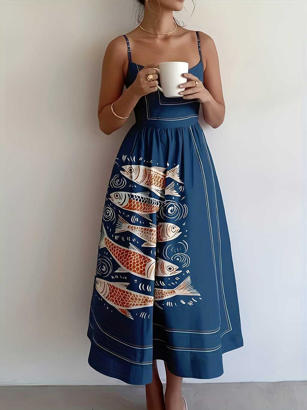 Vestido Vintage Abstrato com Estampa de Peixe - Azul Marinho e Laranja, Sem Mangas, Decote Ombro a Ombro, Saia A-Line Solta e Flare, Lavável à Máquina para Primavera Verão Outono, Moda Sazonal, Detalhe em Alças, Tecido Não Transparente, Roupa Casual ou Formal, Ideal para Férias, Vestuário Moderno