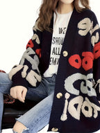 Cardigan de botão com padrão de letras, cardigan casual de manga longa para outono e inverno, roupas femininas