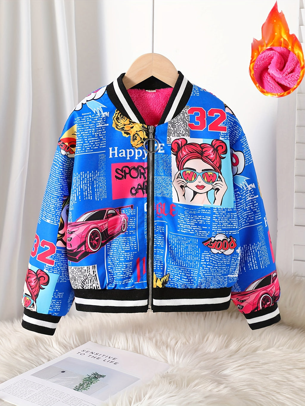Jaqueta Bomber Aconchegante com Forro de Fleece e Estampa de Pop Art para Meninas - Casaco Casual com Zíper Estilo Baseball para Outono/Inverno, Tamanhos 130-170
