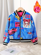 Jaqueta Bomber Aconchegante com Forro de Fleece e Estampa de Pop Art para Meninas - Casaco Casual com Zíper Estilo Baseball para Outono/Inverno, Tamanhos 130-170