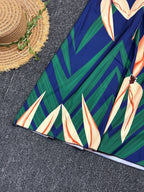 Vestido Maxi A-Line com Estampa Tropical de Palmeira - Azul Marinho e Turquesa Manga Sino, Cintura Curta & Comprimento Fluído para Casamentos na Praia, Festas Eventos Verão - Lavável à Máquina Elegante no Espirito Resort