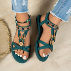 Sandálias Elegantes de Mulher com Borboleta de Strass - Preto Aberto com Fivela Floral Dourada, Tira Elástica Segura para Conforto de Verão, Sandálias Femininas