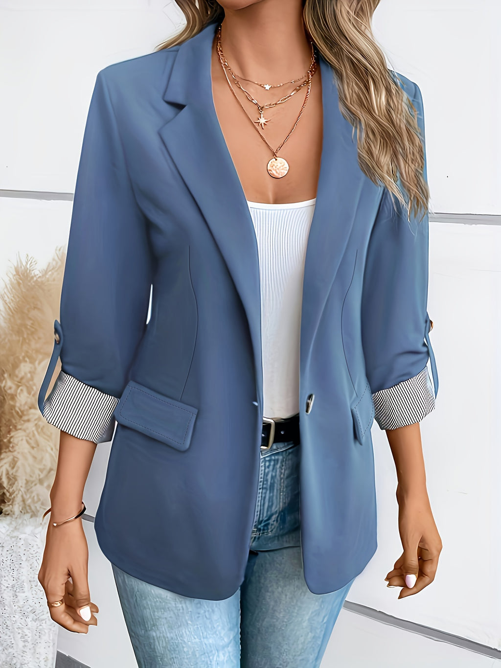 Blazer elegante de dupla abotoadura em azul claro para mulher, com gola de lapela e detalhe de punho - Manga três quartos, poliéster, casaco de moda primavera/outono