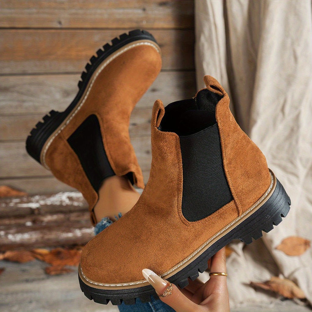 Botins de Salto Alto com Plataforma Grossa para Mulher com Salto de Plataforma Espessa - Sola Antiderrapante, Biqueira Redonda e Forro, Botas Casuais para Todas as Estações em Castanho, Versátil para Jeans e Vestidos, Botas Grossas, Botas Elegantes, Moda Mulher