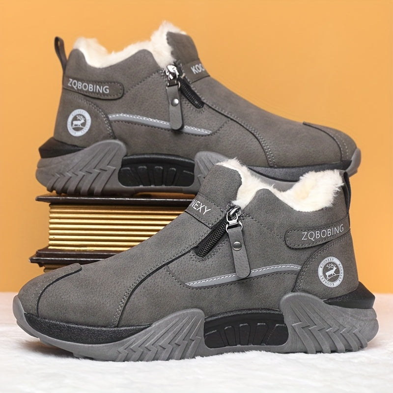 Botas de Neve Unissex para Inverno, Simples e Modernas em Cores Sólidas de Cinza, Preto, Caqui, Design Superior em PU, Design de Calçar Fácil, Sola de PVC Espessa e Macia Resistente ao Desgaste com Aderência Forte, Forrada para Calor e Conforto, Sapatos Deslizantes para Preguiça, Adequados para