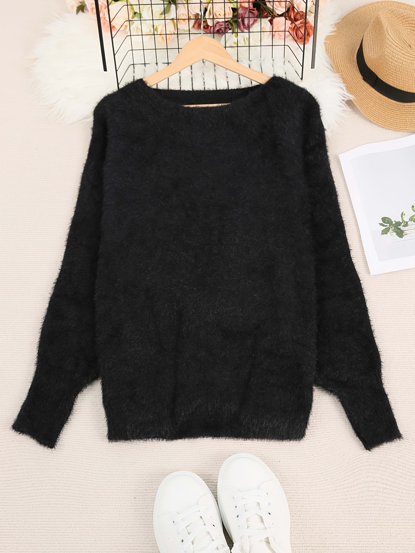 Suéter preto de tamanho grande para mulher - Pulôver aconchegante com mangas compridas, estilo elegante para o inverno, uso casual, suéter de inverno|Estilo casual|Tecido elástico