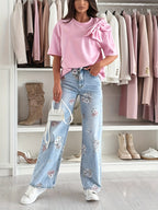 Calças Jeans Femininas de Perna Larga com Estampa de Folhas Florais, Bolsos com Zíper e Botão, Calça Jeans Reta e Casual